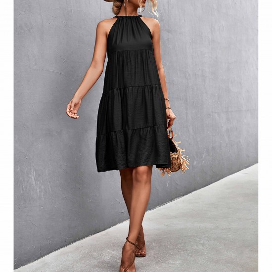 Knee Length A-Line Halter Neck Stitched Dress - Black |image