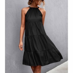 Knee Length A-Line Halter Neck Stitched Dress - Black 