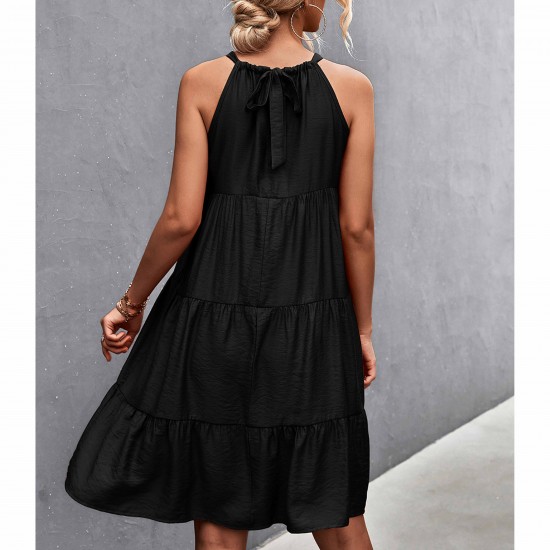 Knee Length A-Line Halter Neck Stitched Dress - Black |image