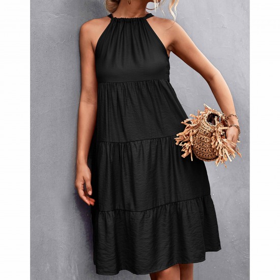 Knee Length A-Line Halter Neck Stitched Dress - Black |image