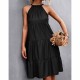 Knee Length A-Line Halter Neck Stitched Dress - Black |image