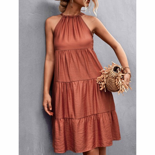 Knee Length A-Line Halter Neck Stitched Dress - Red |image