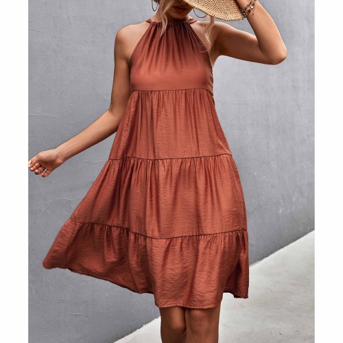 Knee Length A-Line Halter Neck Stitched Dress - Red |image