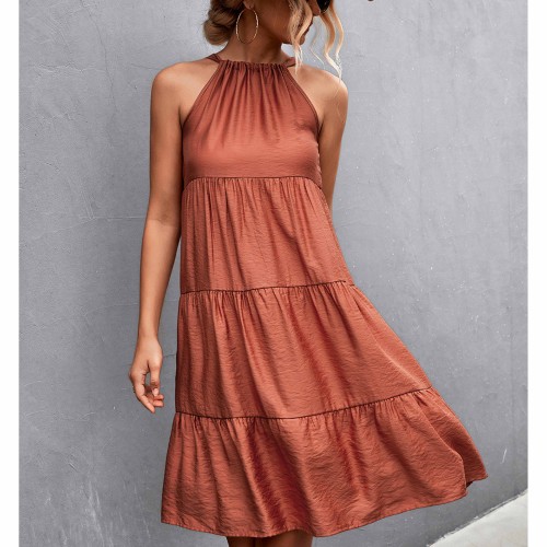 Knee Length A-Line Halter Neck Stitched Dress - Red |image