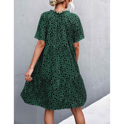 Polka Dot Printed V-Neck Ruffled Dress - Green |image