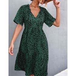 Polka Dot Printed V-Neck Ruffled Dress - Green 
