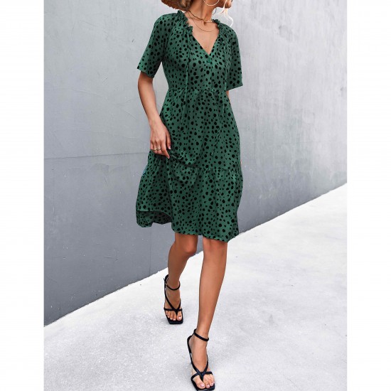 Polka Dot Printed V-Neck Short-Sleeve Printed Dress - Green Polka Dot Printed V-Neck Ruffled Dress - Green |image