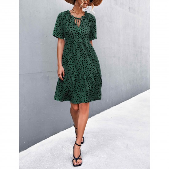 Polka Dot Printed V-Neck Short-Sleeve Printed Dress - Green Polka Dot Printed V-Neck Ruffled Dress - Green |image
