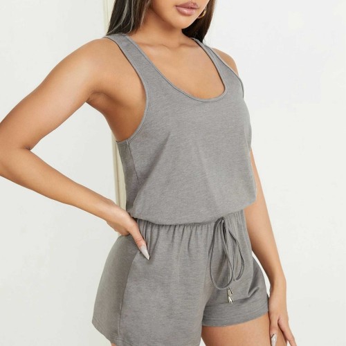 Sexy U Neck Tank Top Loose Shorts Jumpsuit - Grey |image
