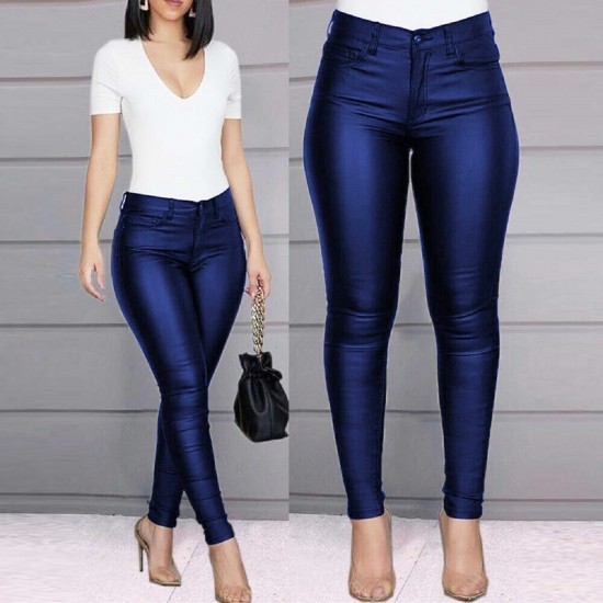 Casual Solid Color PU Leather Pencil Pants - Blue Casual Solid Color PU Leather Pencil Pants - Blue |image