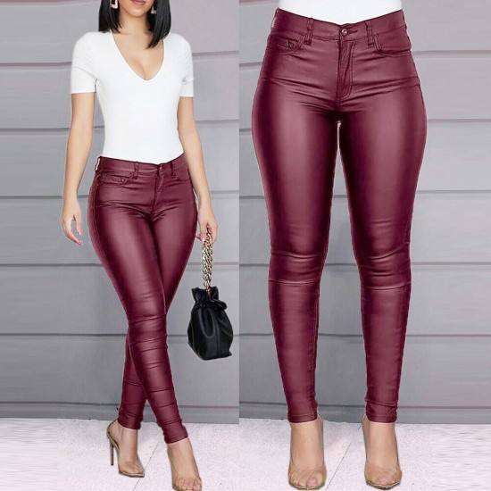 Casual Solid Color PU Leather Pencil Pants - Red |image