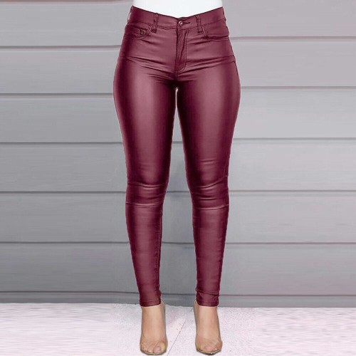 Casual Solid Color PU Leather Pencil Pants - Red |image