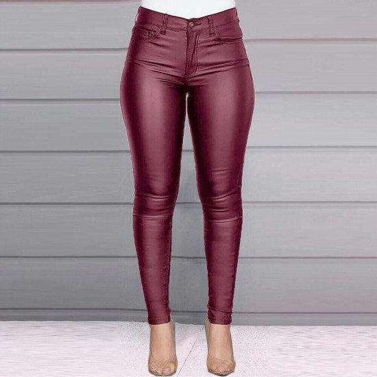 Casual Solid Color PU Leather Pencil Pants - Red |image