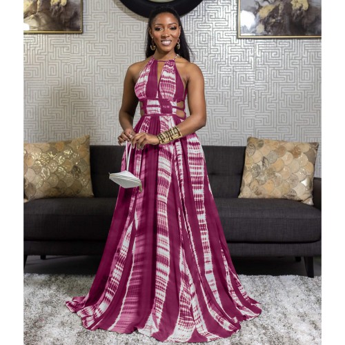 Sexy Halter Neck Backless Stripped Maxi Dress - Red |image