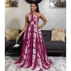 Sexy Halter Neck Backless Stripped Maxi Dress - Red 