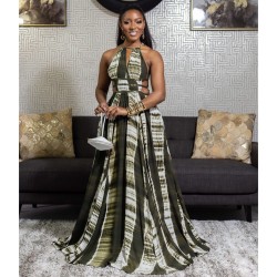 Sexy Halter Neck Backless Stripped Maxi Dress - Green 