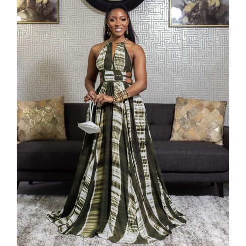 Sexy Halter Neck Backless Stripped Maxi Dress - Green |image