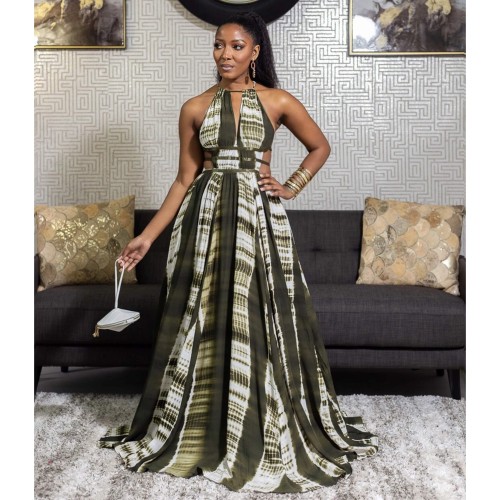 Sexy Halter Neck Backless Stripped Maxi Dress - Green |image