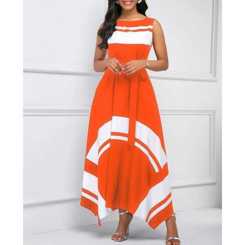 Asymmetric Hem Sleeveless Contrast Maxi Dress - Red |image