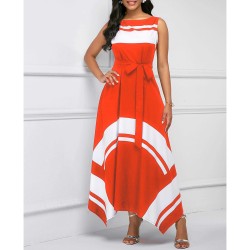 Asymmetric Hem Sleeveless Contrast Maxi Dress - Red 