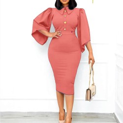 Body-con Slim Trumpet Sleeves Formal Midi Dress - Red 