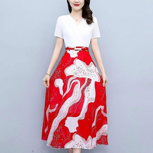 Chiffon Printing Beautiful Mid-Length Dress - Red |image