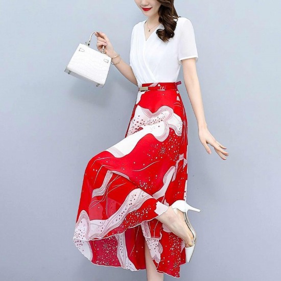 Chiffon Printing Beautiful Mid-Length Dress - Red |image