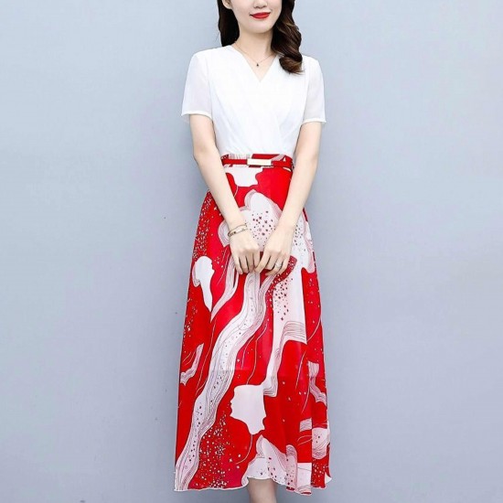 Chiffon Printing Beautiful Mid-Length Dress - Red |image