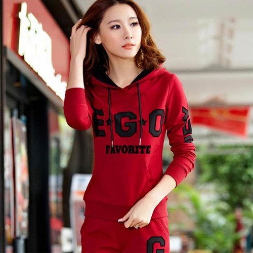 Thin Hooded Casual Sportswear Two Piece Track Suit - Red |image