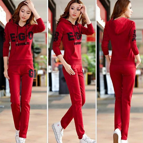 Thin Hooded Casual Sportswear Two Piece Track Suit - Red |image