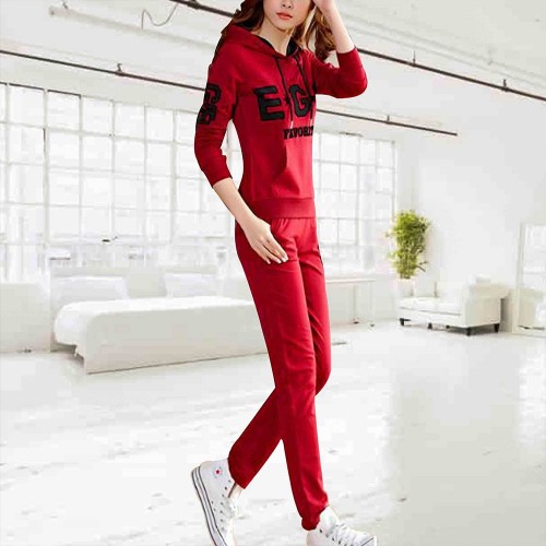 Thin Hooded Casual Sportswear Two Piece Track Suit - Red |image