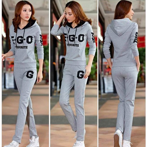 Thin Hooded Casual Sportswear Two Piece Track Suit - Grey |image