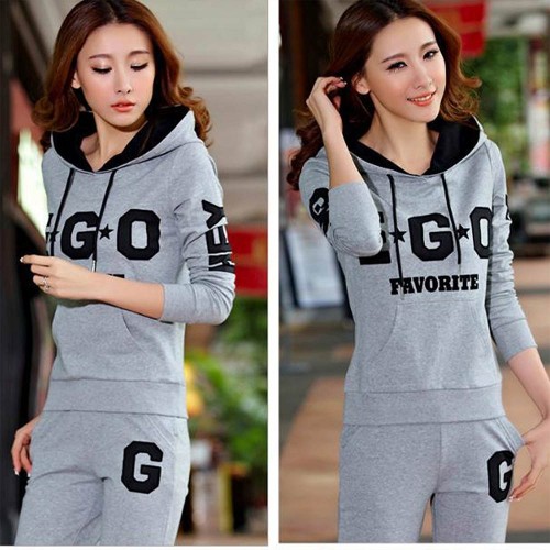 Thin Hooded Casual Sportswear Two Piece Track Suit - Grey |image