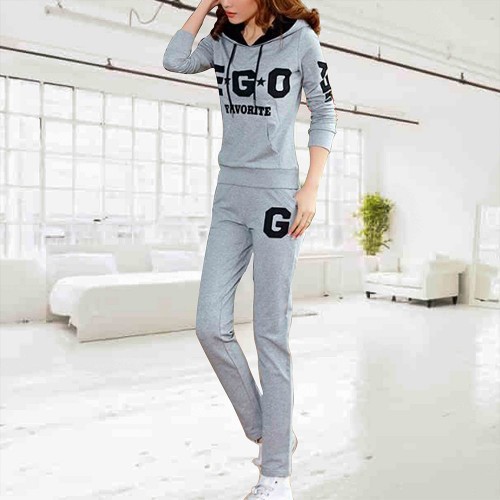 Thin Hooded Casual Sportswear Two Piece Track Suit - Grey |image