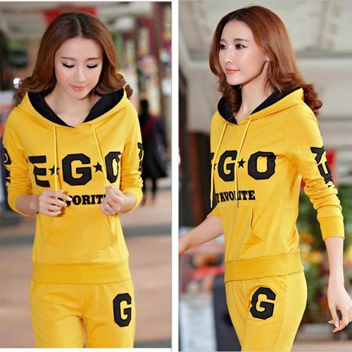 Thin Hooded Casual Sportswear Two Piece Track Suit - Yellow |image
