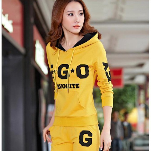 Thin Hooded Casual Sportswear Two Piece Track Suit - Yellow |image