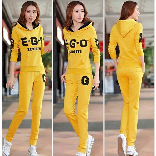 Thin Hooded Casual Sportswear Two Piece Track Suit - Yellow |image