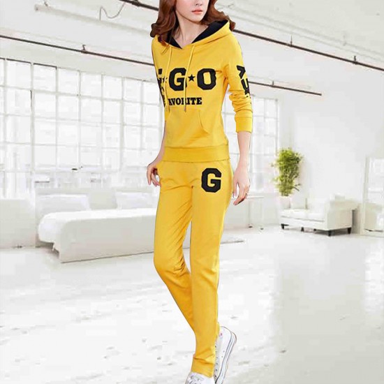 Thin Hooded Casual Sportswear Two Piece Track Suit - Yellow |image