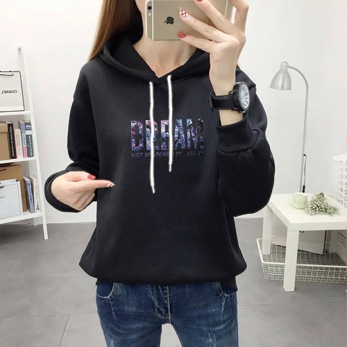 Trendy Hooded Long Sleeve Alphabet Printed Drawstring Hoodie - Black |image
