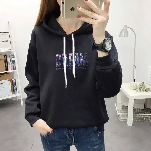 Trendy Hooded Long Sleeve Alphabet Printed Drawstring Hoodie - Black |image