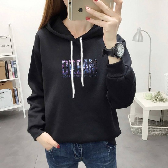 Trendy Hooded Long Sleeve Alphabet Printed Drawstring Hoodie - Black |image