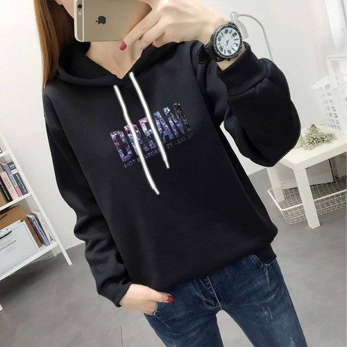 Trendy Hooded Long Sleeve Alphabet Printed Drawstring Hoodie - Black |image