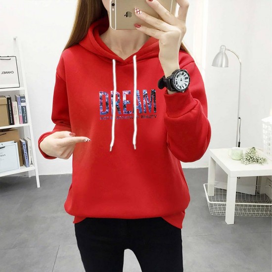 Trendy Hooded Long Sleeve Alphabet Printed Drawstring Hoodie - Red |image
