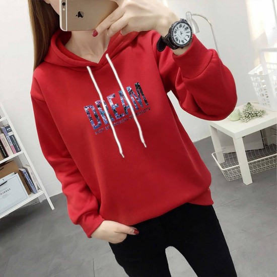 Trendy Hooded Long Sleeve Alphabet Printed Drawstring Hoodie - Red |image