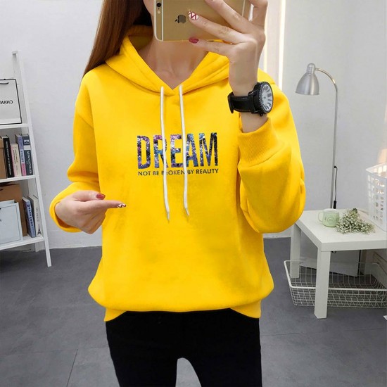 Trendy Hooded Long Sleeve Alphabet Printed Drawstring Hoodie - Yellow |image