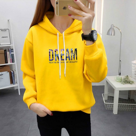 Trendy Hooded Long Sleeve Alphabet Printed Drawstring Hoodie - Yellow |image