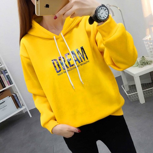 Trendy Hooded Long Sleeve Alphabet Printed Drawstring Hoodie - Yellow |image