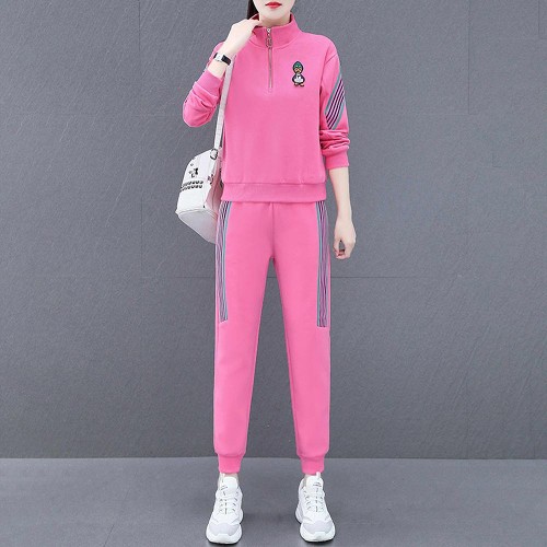 Contrast Stripped Sportswear Two Piece Sweater & Pants Track Suit - Pink |image