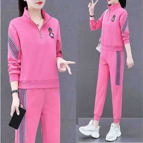 Contrast Stripped Sportswear Two Piece Sweater & Pants Track Suit - Pink |image