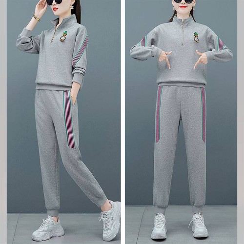 Contrast Stripped Sportswear Two Piece Sweater & Pants Track Suit - Grey |image